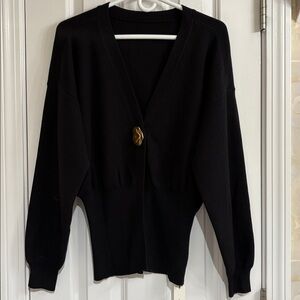 Commence Elegant Gold Metal Button V-neck Cardigan Black Sweater